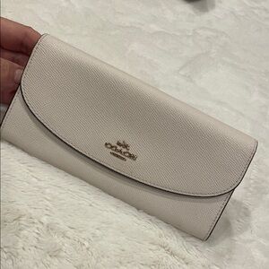Coach Pebbled Leather Continental Wallet in Cream with Gold Hardware